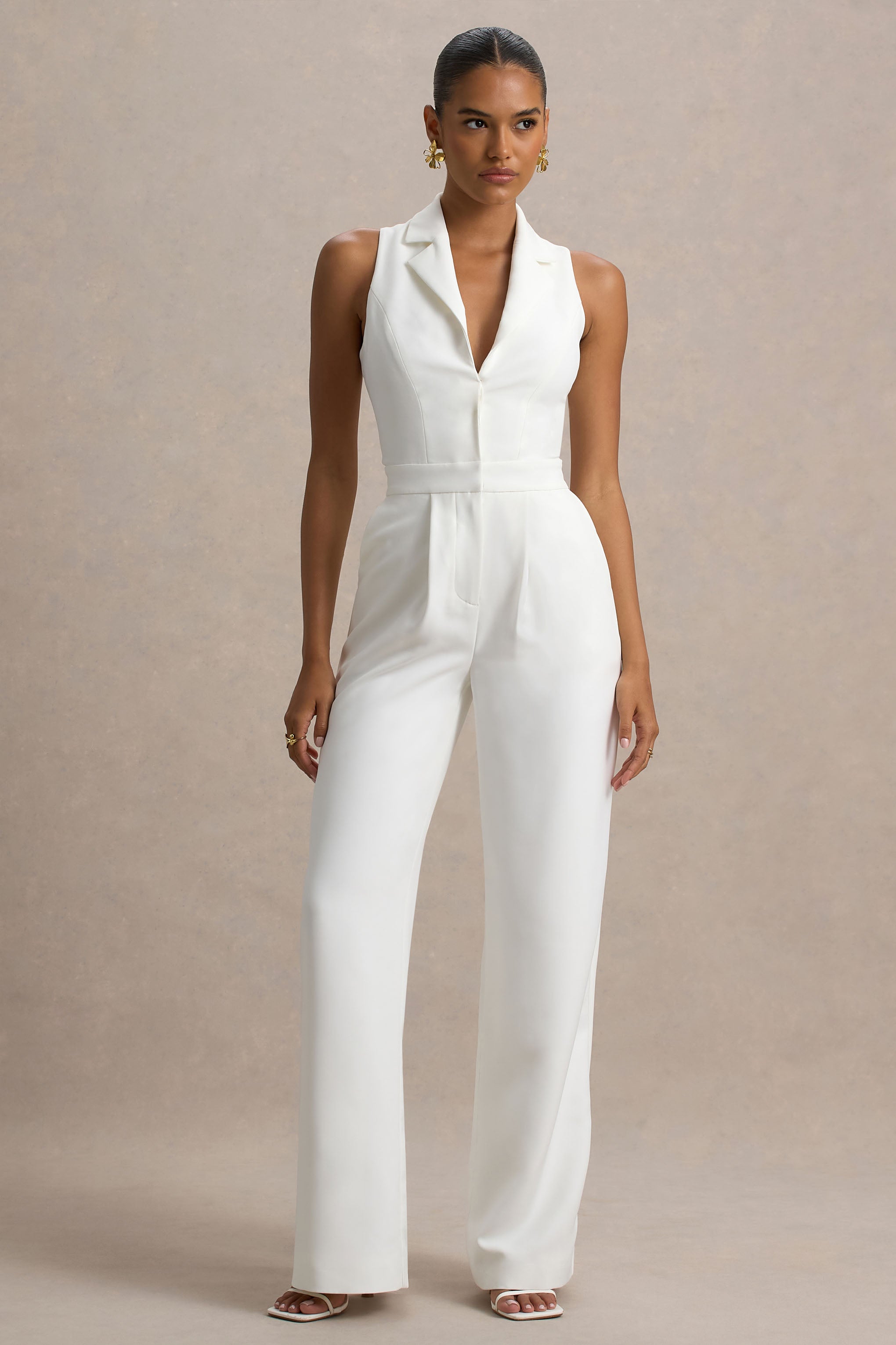 Trixie | White Plunge-Neck Tailored Jumpsuit