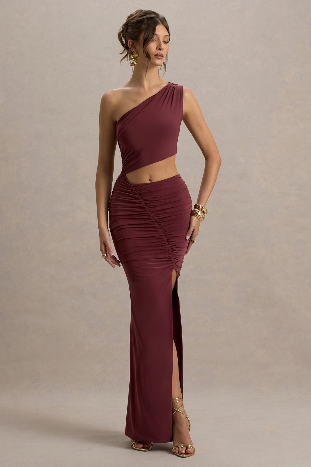 Sena | Burgundy Asymmetric Maxi Dress With Cut Out Details