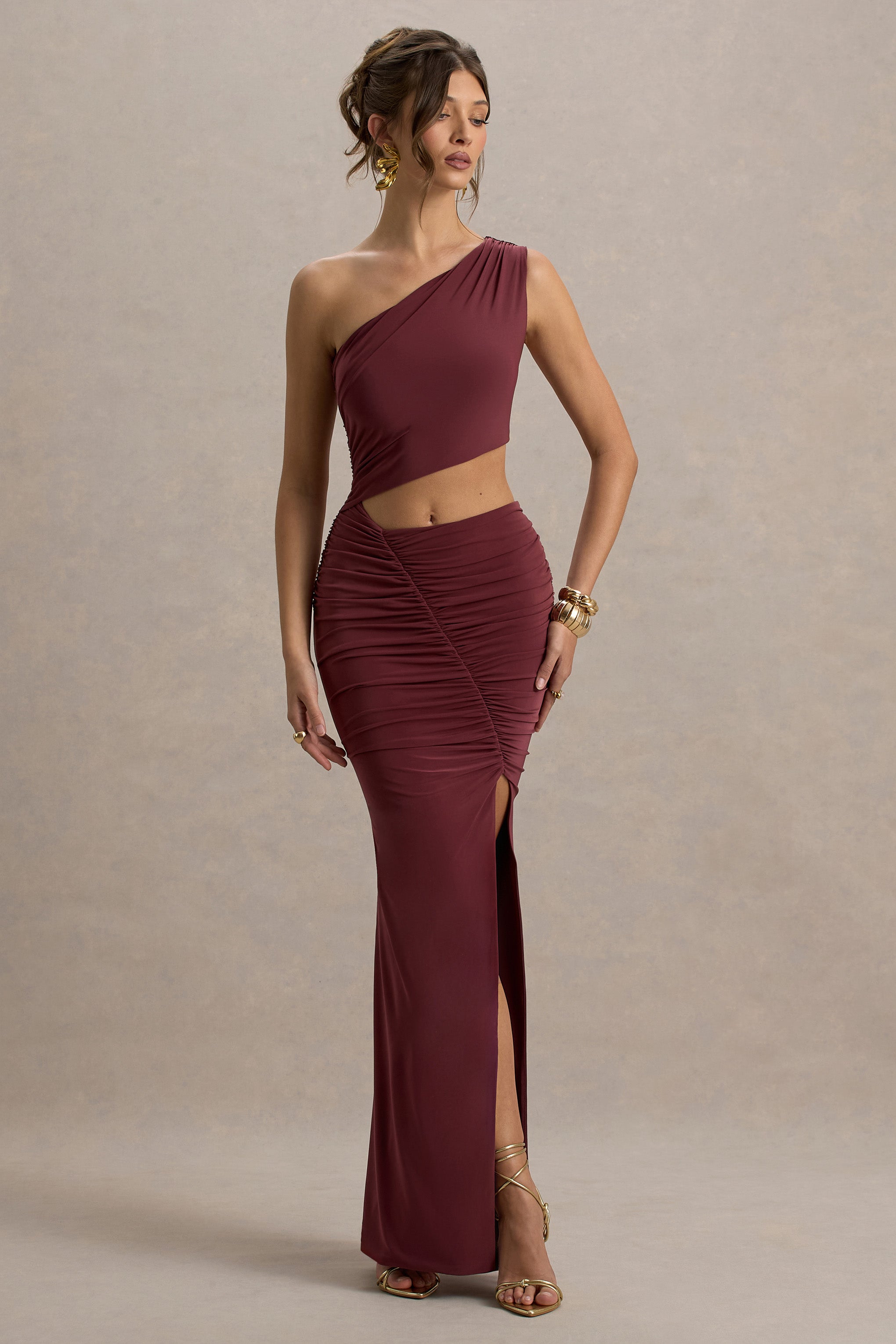 Sena | Burgundy Asymmetric Maxi Dress With Cut Out Details