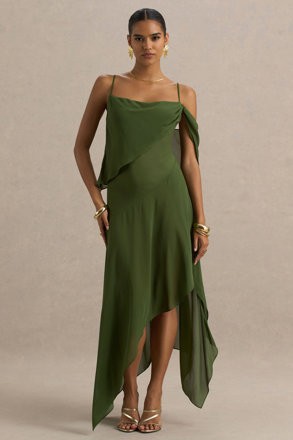 Tiara | Green Asymmetric Midi Dress With Draping Detailing and Open-Back