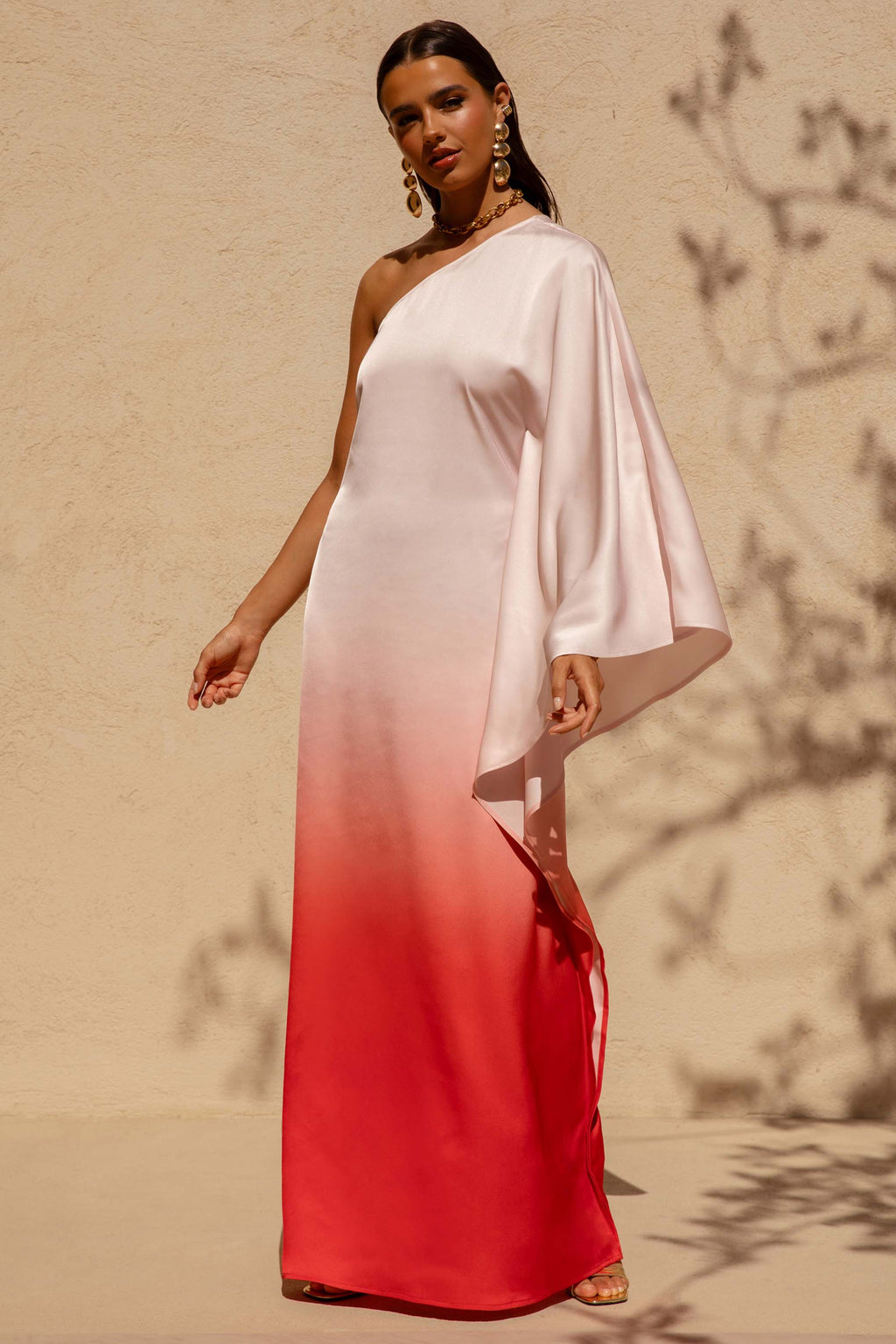 Jayla | Red Ombre Satin Asymmetric Maxi Dress With Long-Sleeve