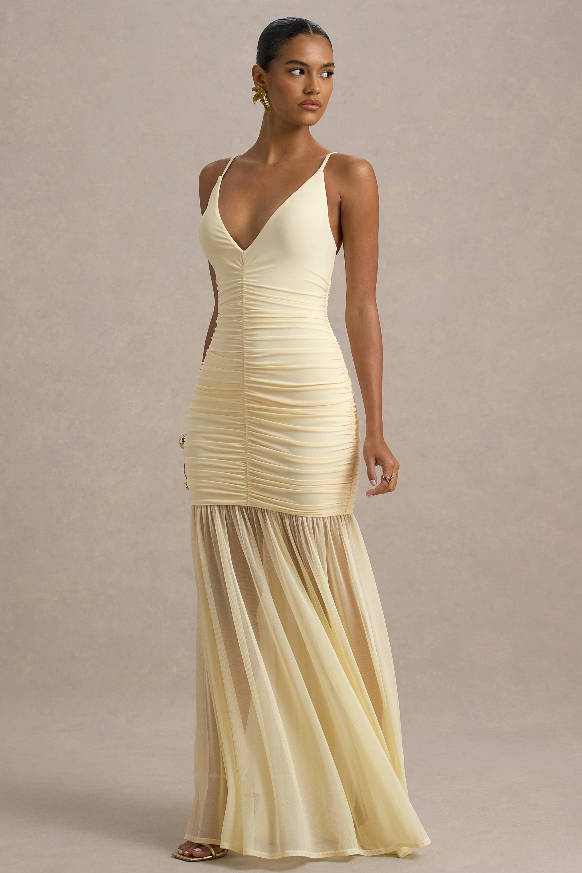 Pasqualina | Pale Lemon Ruched Plunge-Neck Maxi Dress