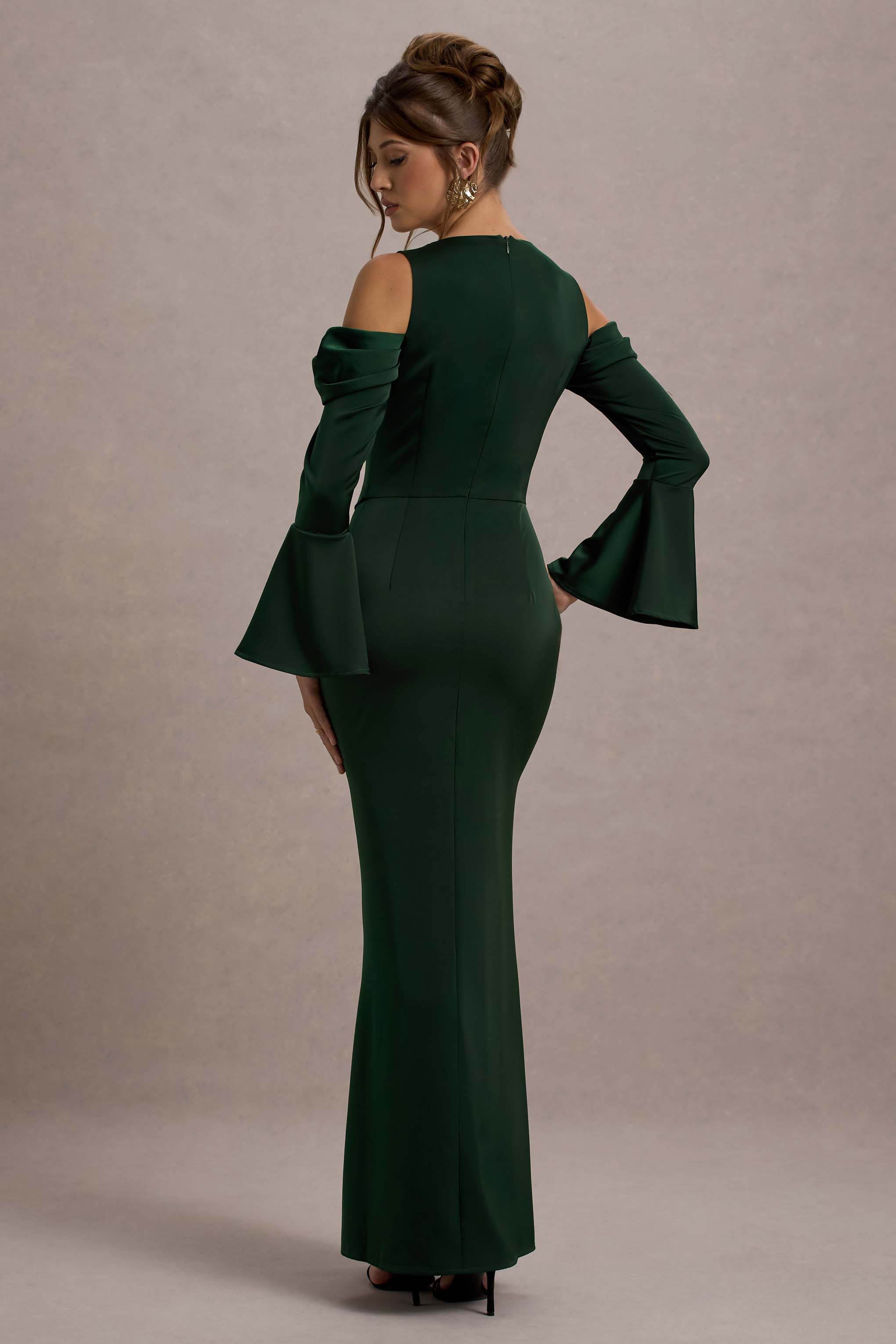 Heartthrob | Green Satin Draped Bardot Maxi Dress