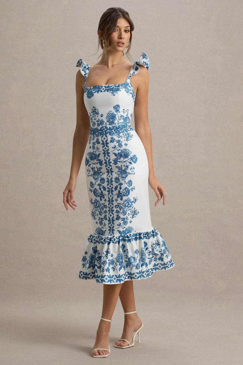 Sarey | Blue Porcelain Print Ruffle Midi Dress