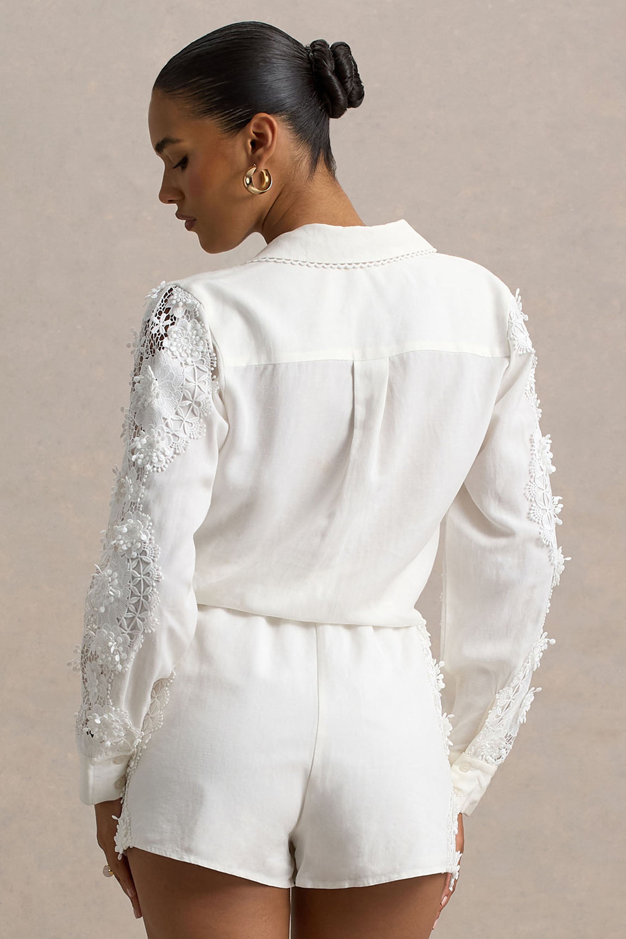 Coconut | Ecru Linen Button-Up Shirt With Lace Detail