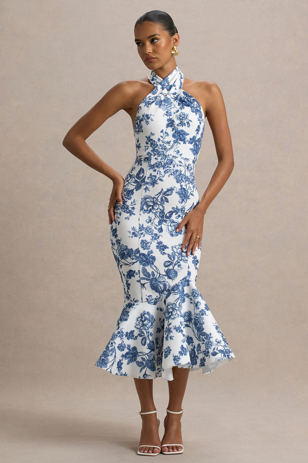 Sonoma | Blue Porcelain Print Halter-Neck Ruffle-Trim Midi Dress