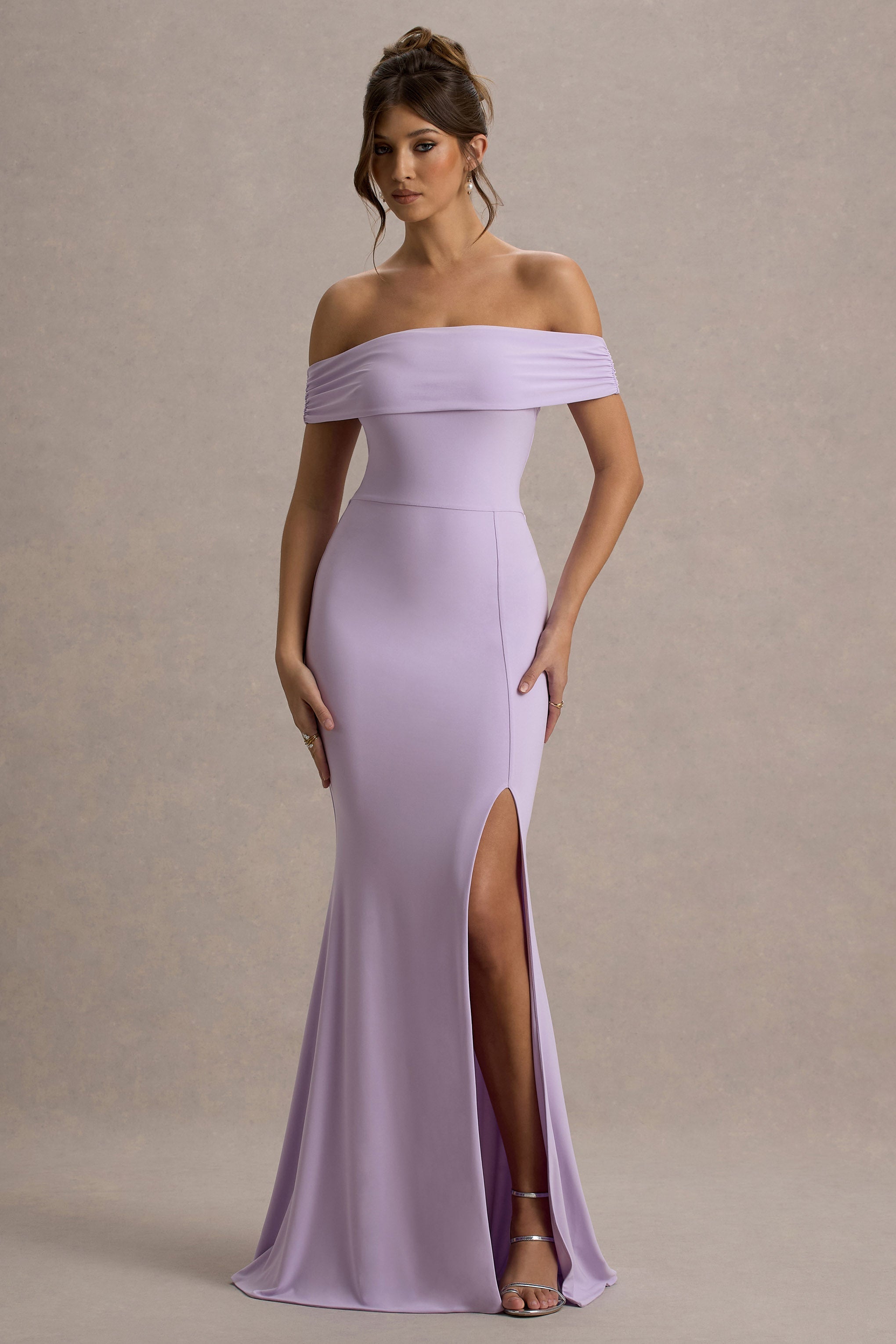 Law of Attraction | Lilac Bardot Draped Split Maxi Dress