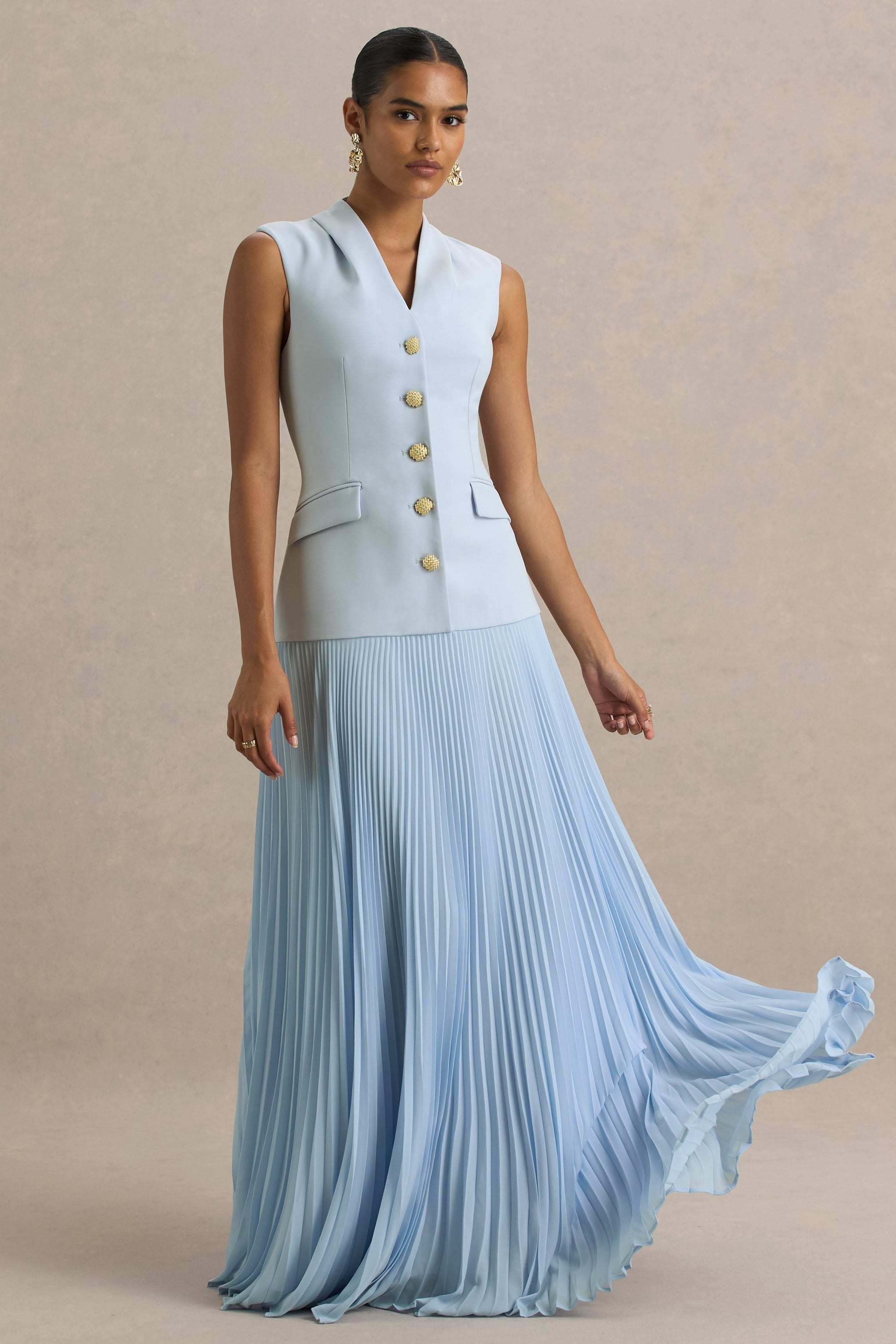Heavenly | Powder Blue High Neck Maxi Dress With Pleated Detailing