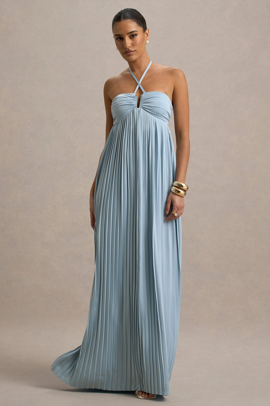 Elayne | Powder Blue Halter-Neck Maxi Dress With Cut-Out Detail