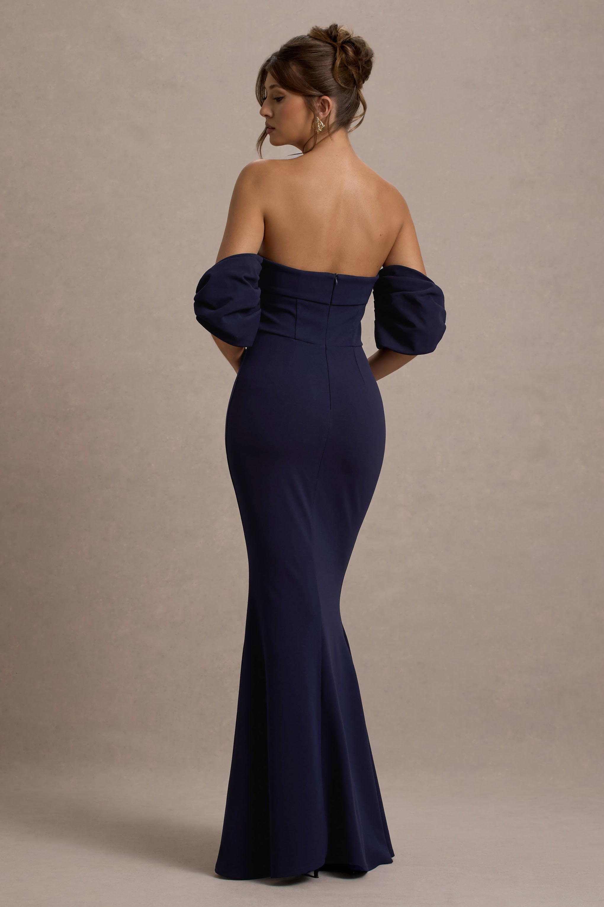 Alaine | Navy Bardot Maxi Dress With Bow Sleeves
