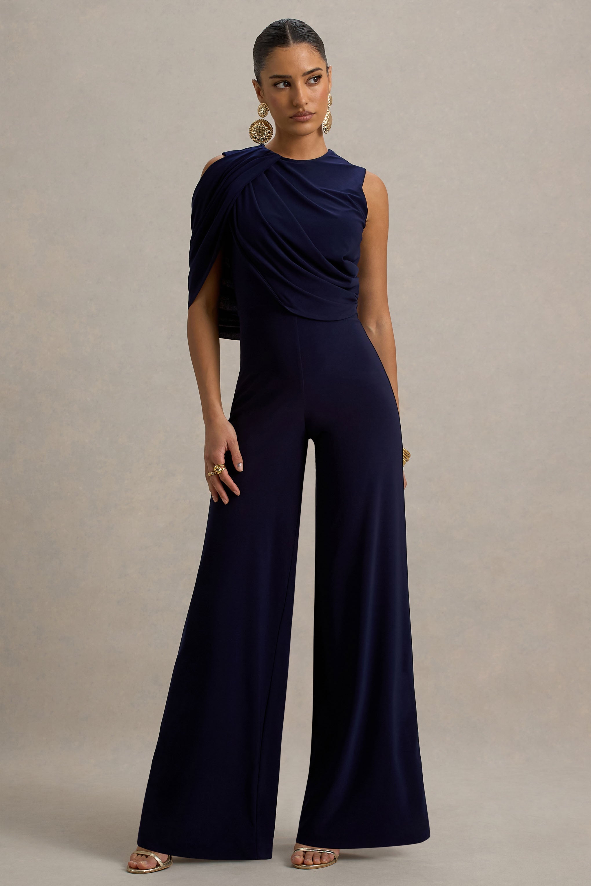 Opulence | Navy Jumpsuit With Cape Sleeve and Draped Details