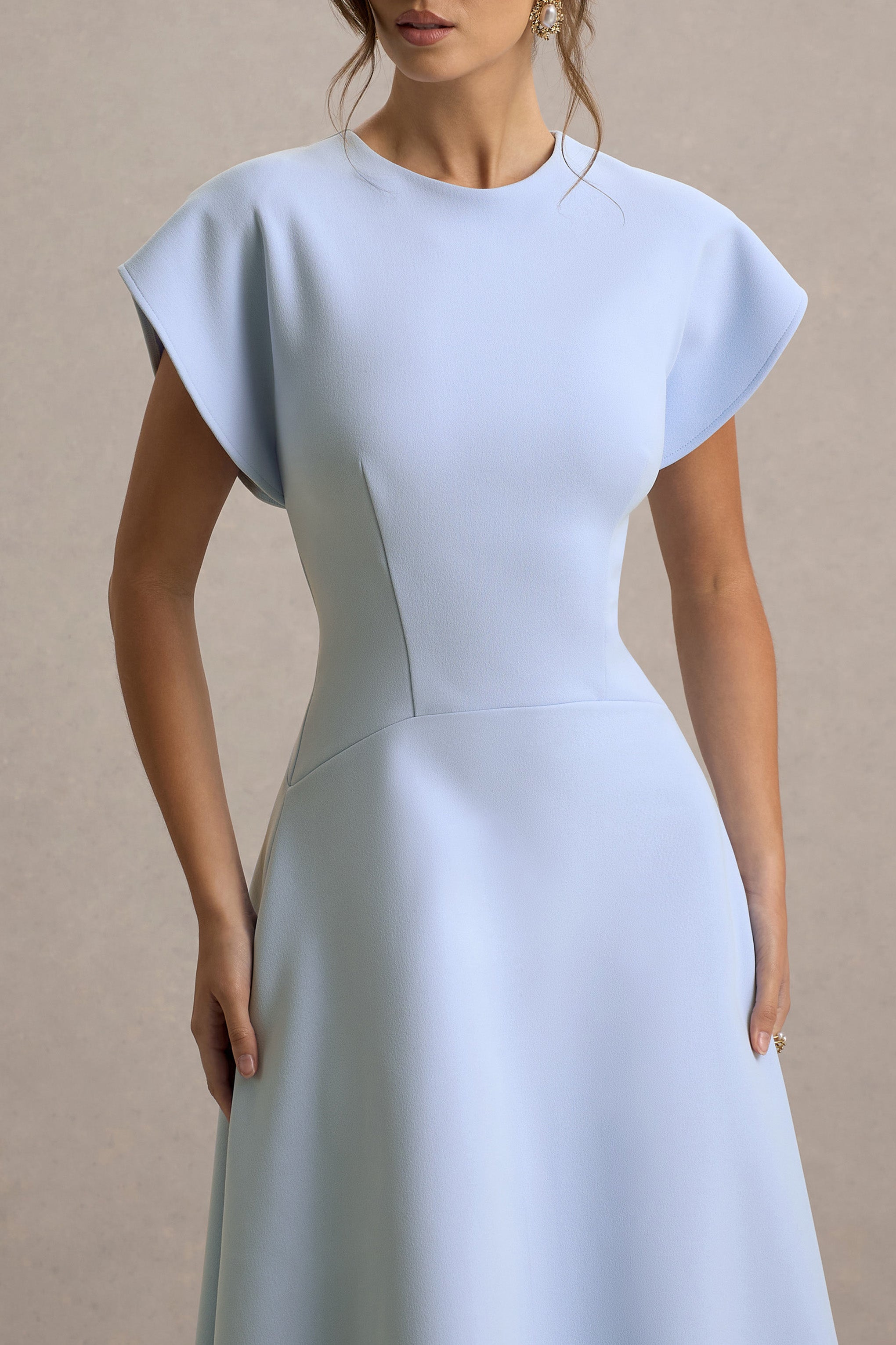 Linda | Powder Blue High-Neck Cap-Sleeve Midi Dress