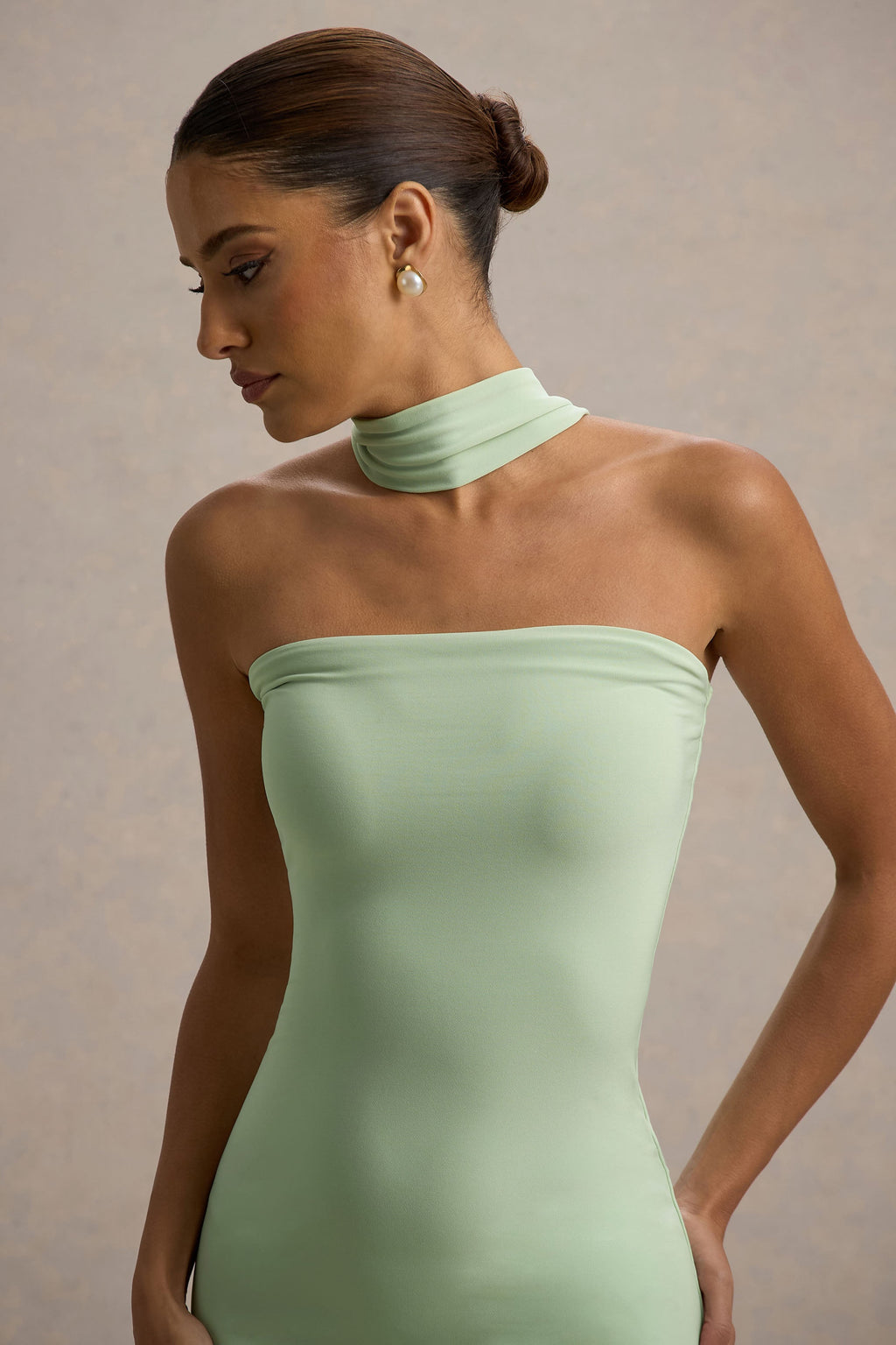 Nobu | Light Green Bandeau Maxi Dress With Halter-Collar