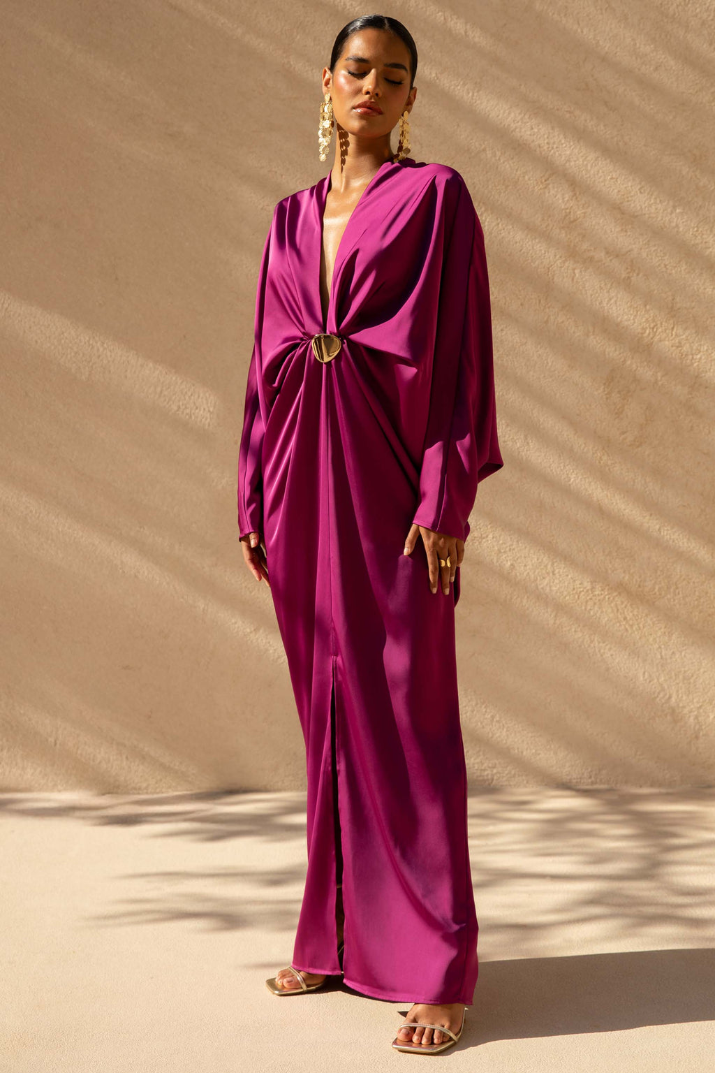 Tina | Pink Satin Plunge-Neck Embellished Maxi Dress
