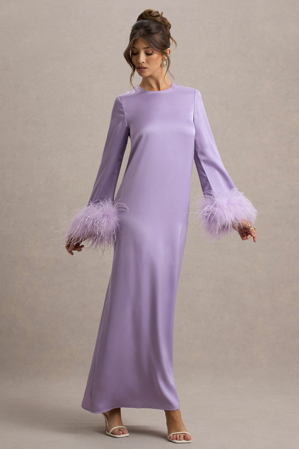 Adella | Lilac Satin Feather-Trim Maxi Dress