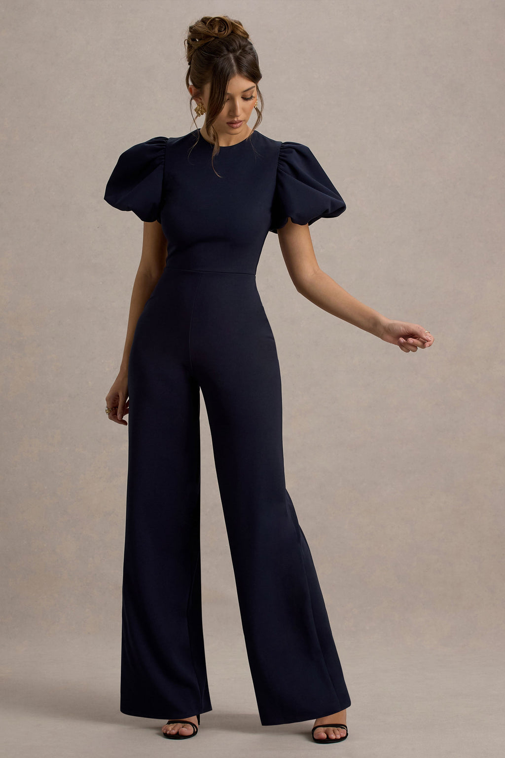 Dillon | Navy Puff-Sleeve Straight-Leg Jumpsuit