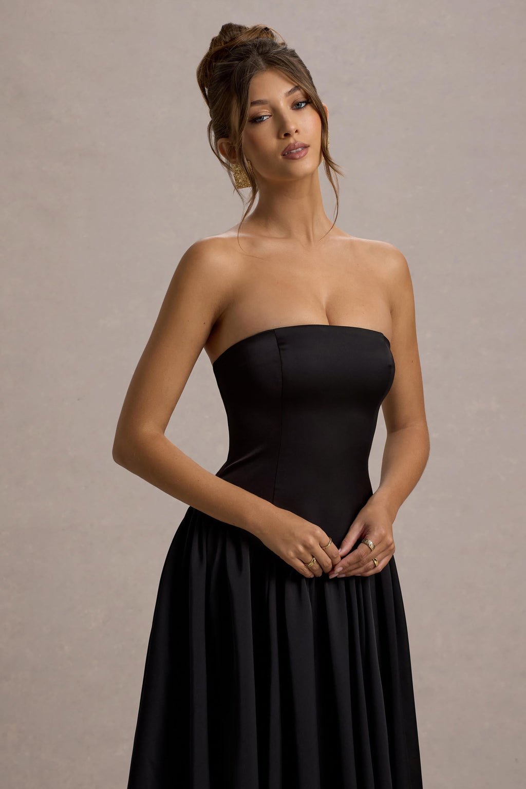Keyton | Black Satin Bandeau Midi Dress