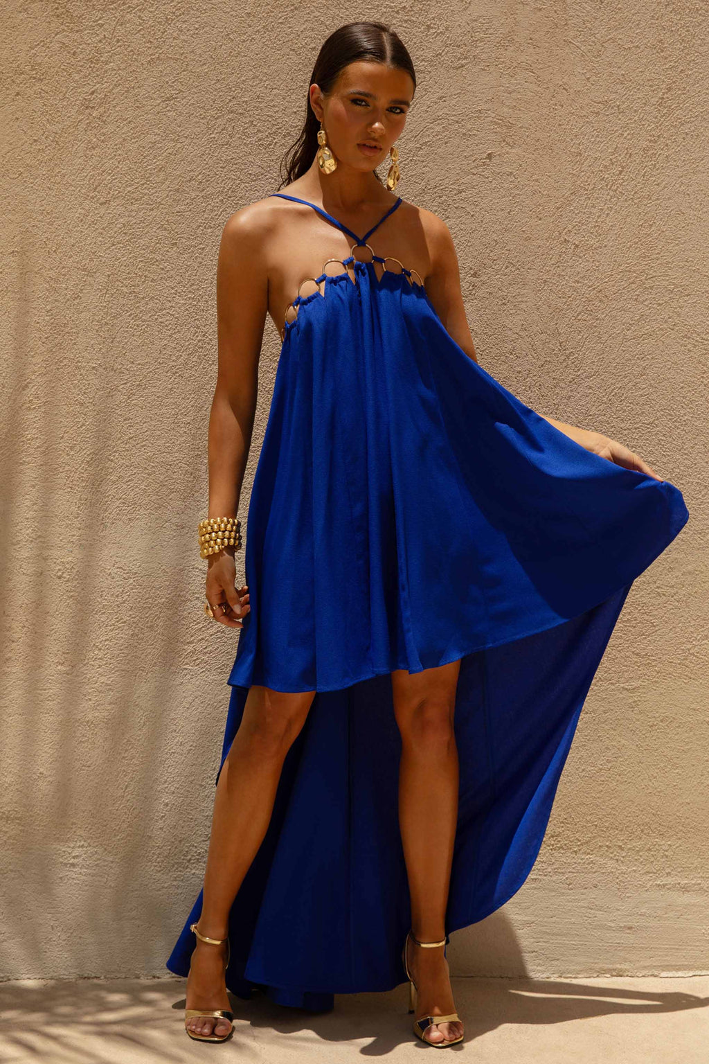 Amiya | Blue A-Line Maxi Dress with Cut-Out Details
