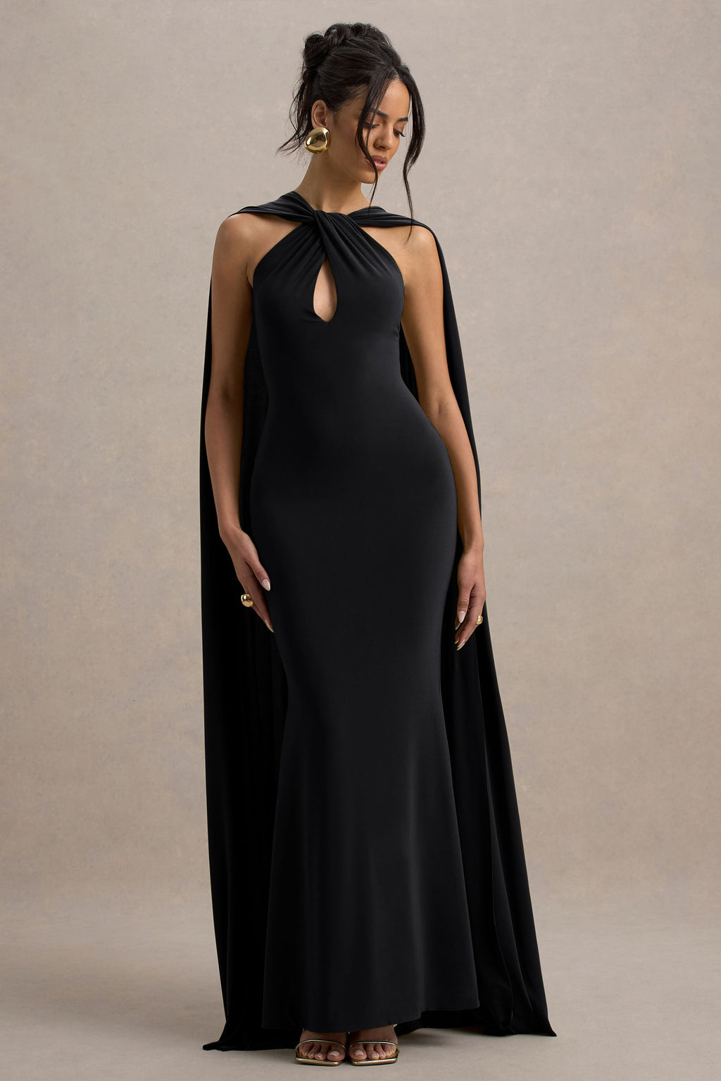 Rhoda | Black Twist Halter-Neck Cape Maxi Dress