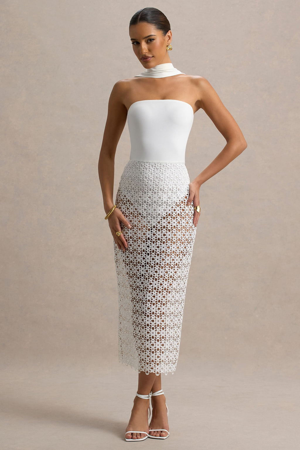 Tamala | White High-Neck Midi Dress With Lace Skirt