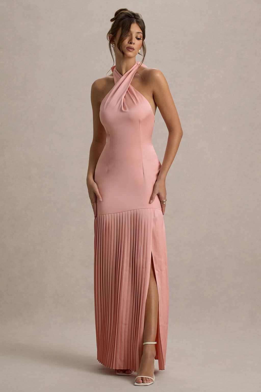 Sansa | Light Pink Satin Cross Halter-Neck Plisse Maxi Dress