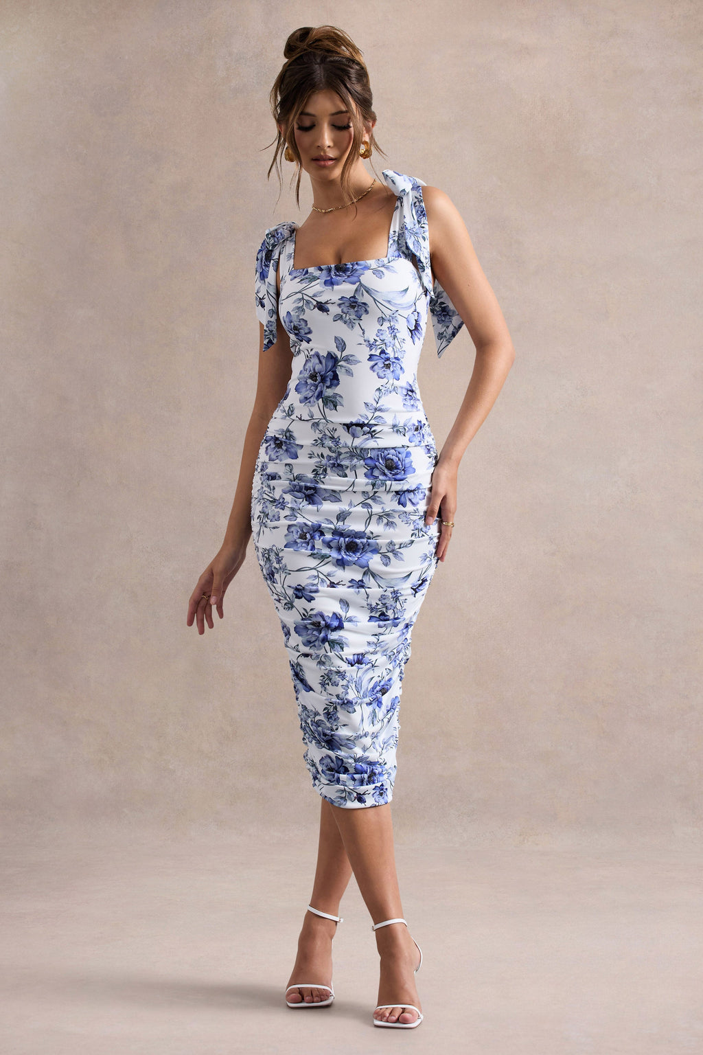 Cordelia | Blue Porcelain Print Bodycon Midi Dress With Bow Straps