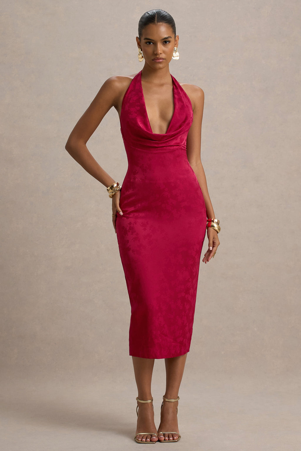 Aine | Red Satin Jacquard Cowl-Neck Midi Dress