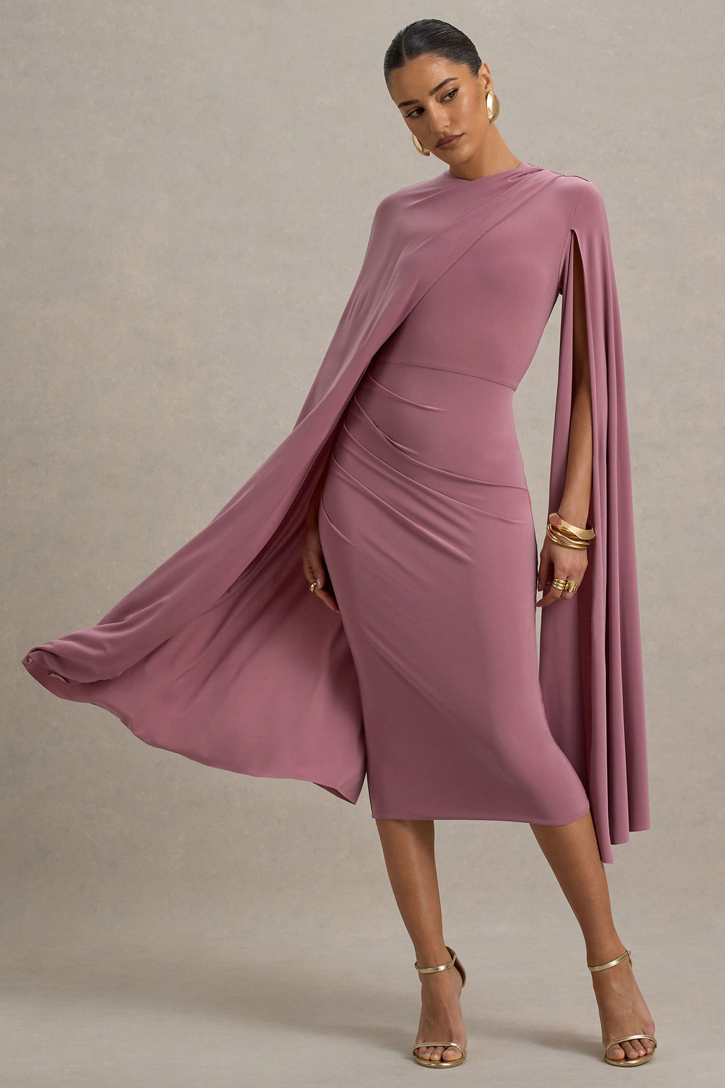 Marysol | Dusky Rose Asymmetric Cape Midi Dress