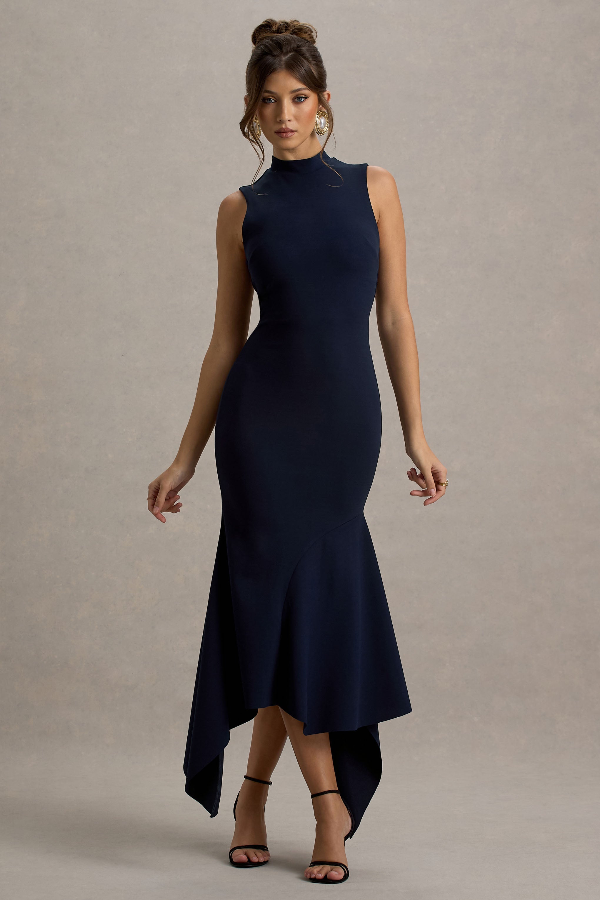 Janice | Navy High-Neck Hanky-Hem Maxi Dress