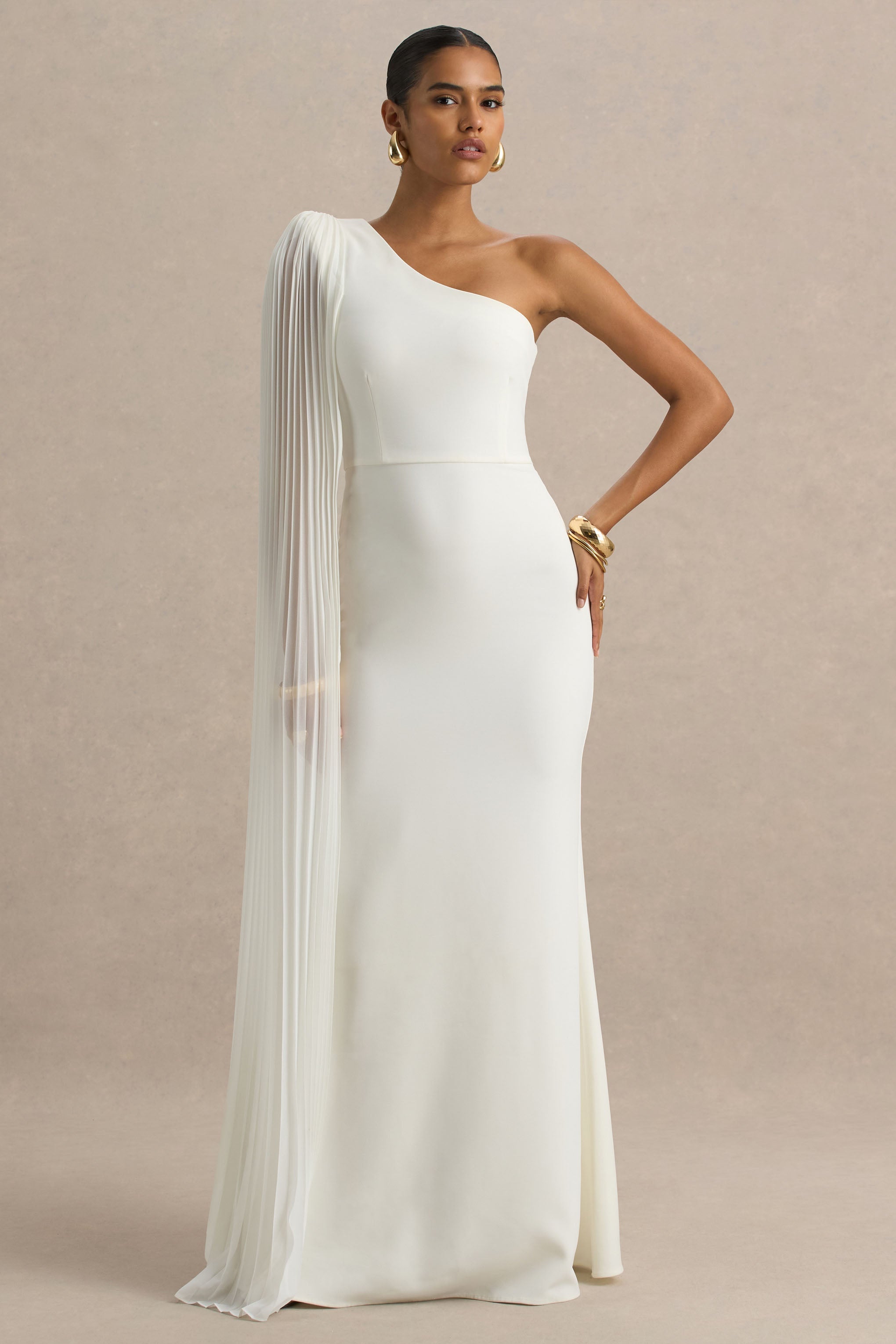 Athens | White Asymmetric-Neck Maxi Dress With Cape Sleeve Detail