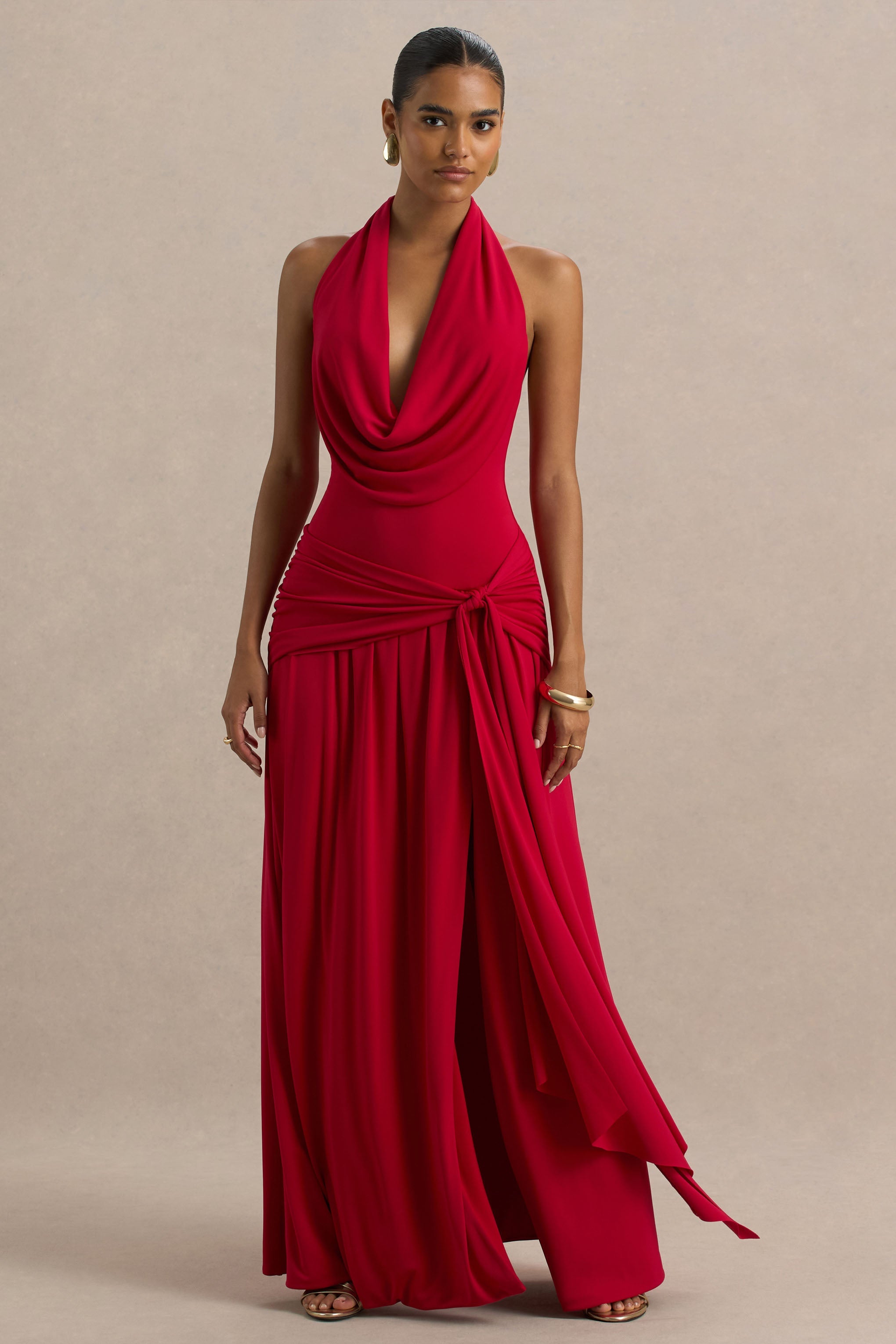 Mist | Red Plunge-Neck Maxi Dress With Sash Detail And Front High Split