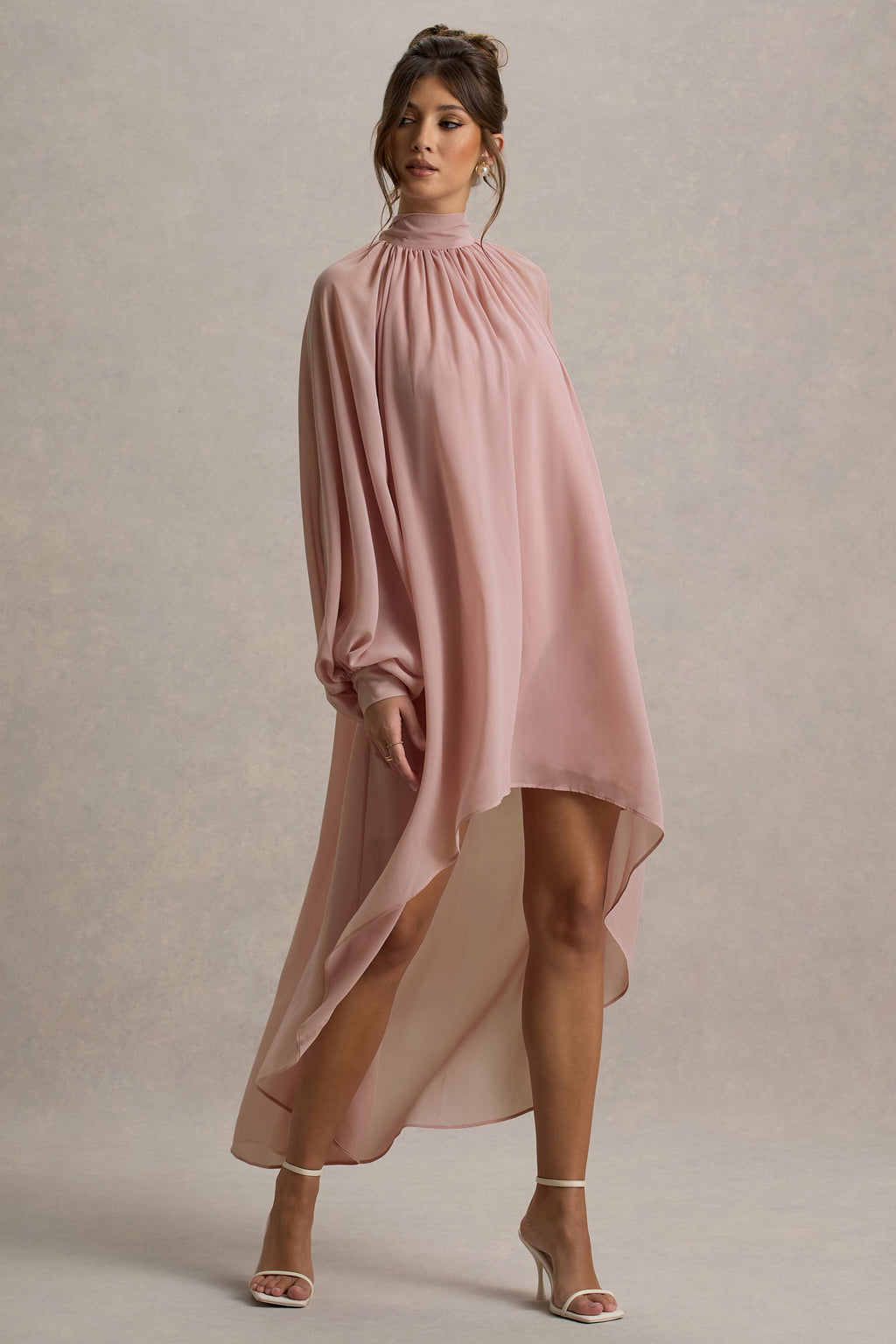 Delphia | Pale Pink High-Neck Maxi Dress With High-Low Hem