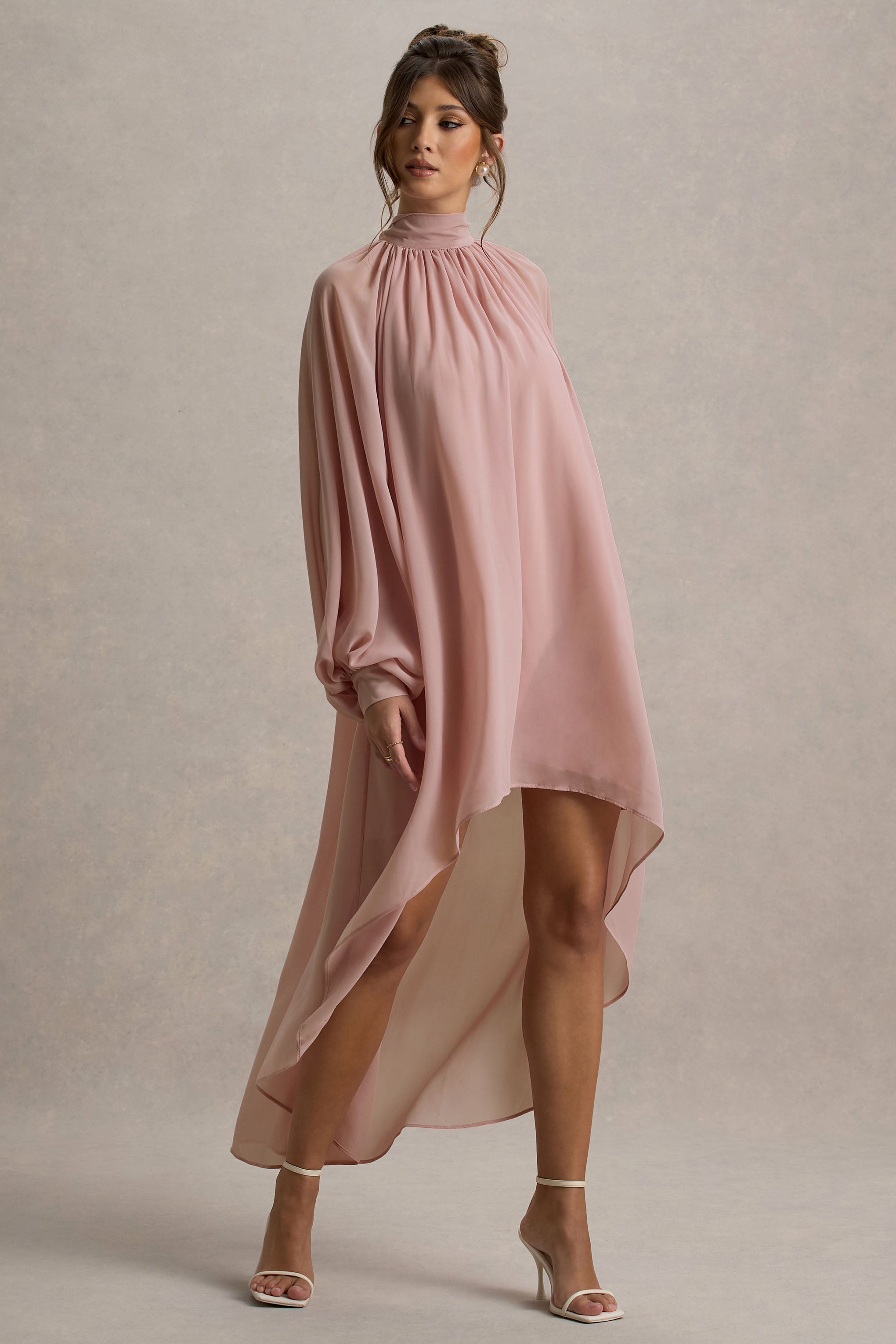 Delphia | Pale Pink High-Neck Maxi Dress With High-Low Hem
