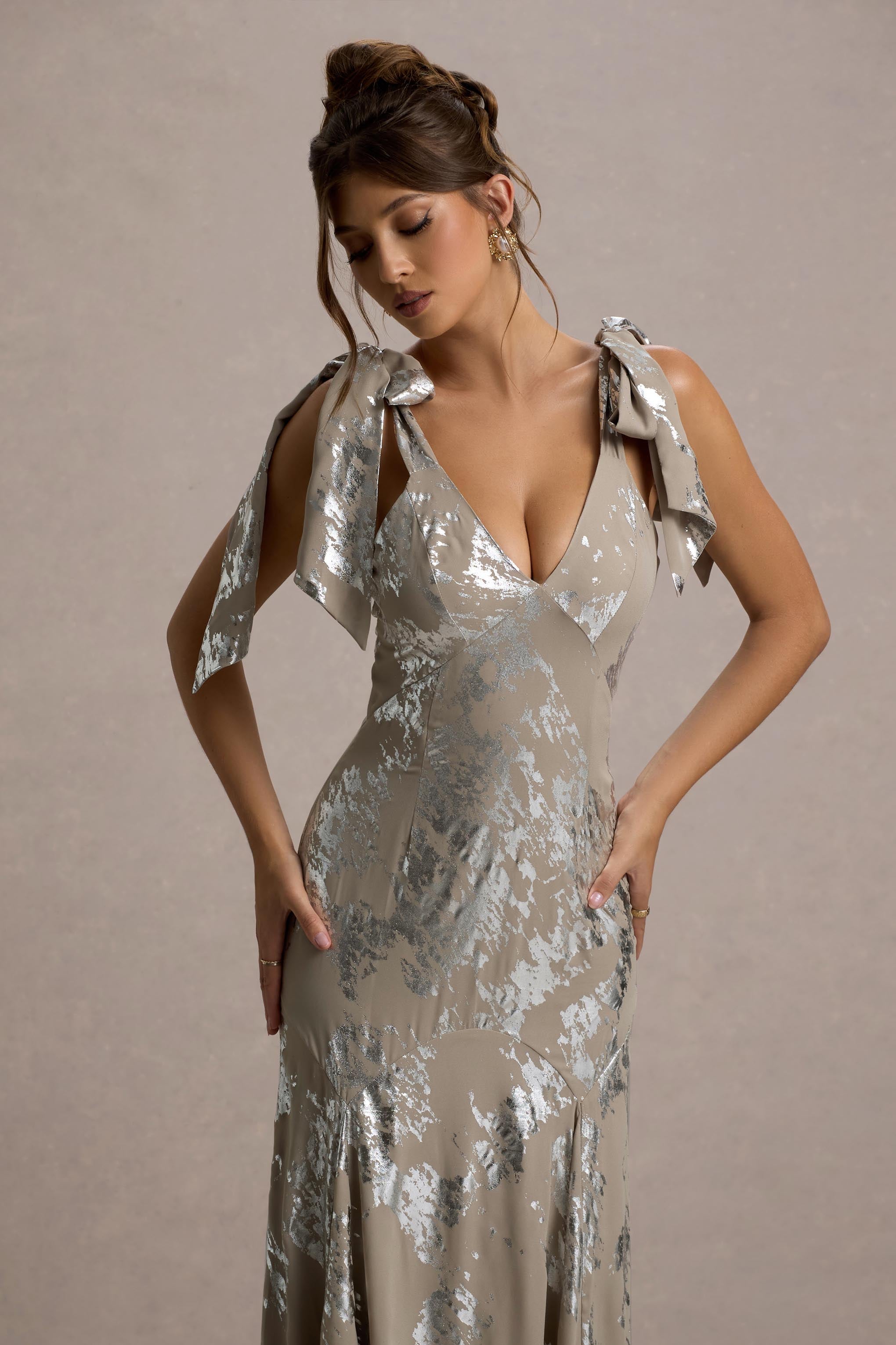 Lula | Champagne Metallic Plunge-Neck Maxi Dress With Bow Straps