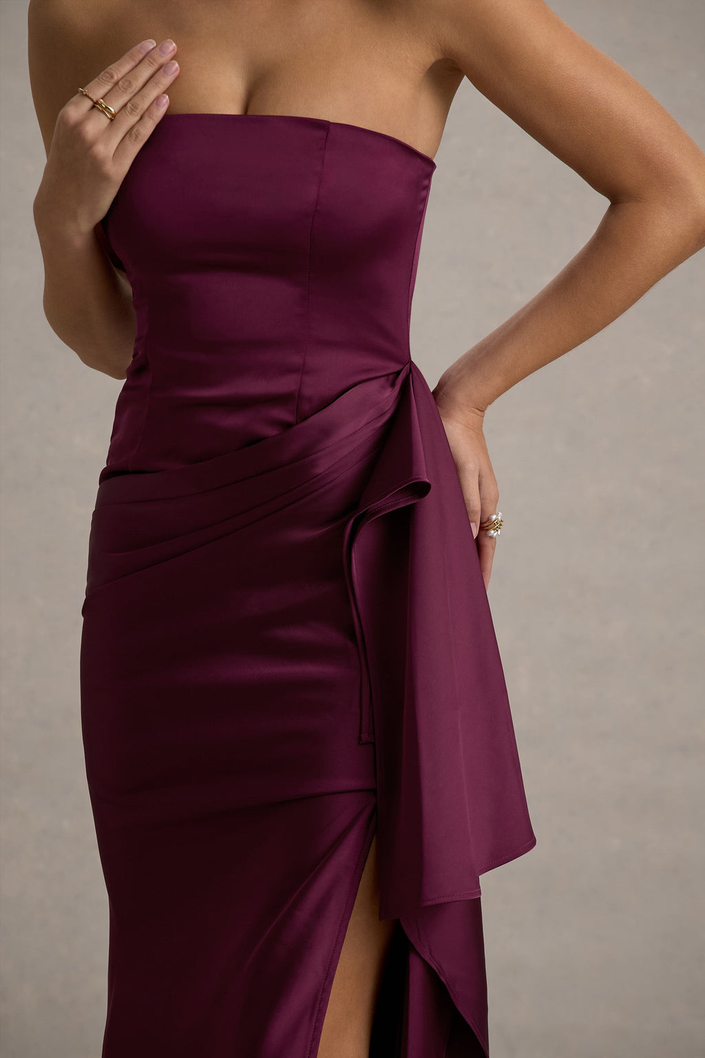 Loz | Burgundy Satin Bandeau Draped Maxi Dress