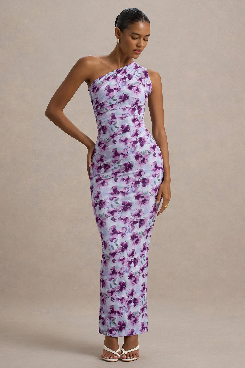 Venetia | Purple Floral Print One-Shoulder Tie-Back Maxi Dress