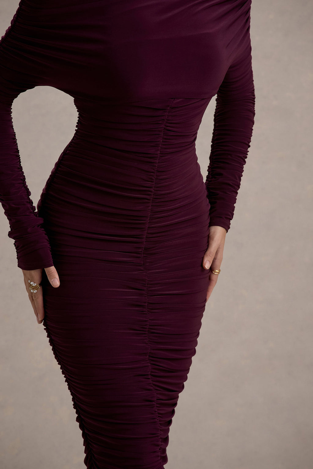 Sinclair | Plum Ruched One-Shoulder Bodycon Midi Dress