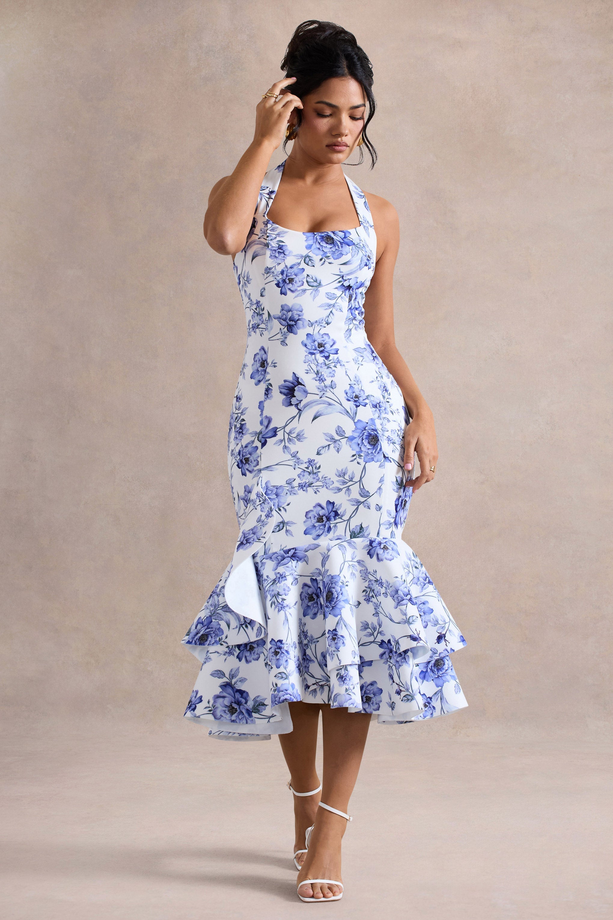 Arla | Blue Floral Print Halter-Neck Ruffle Trim Midi Dress
