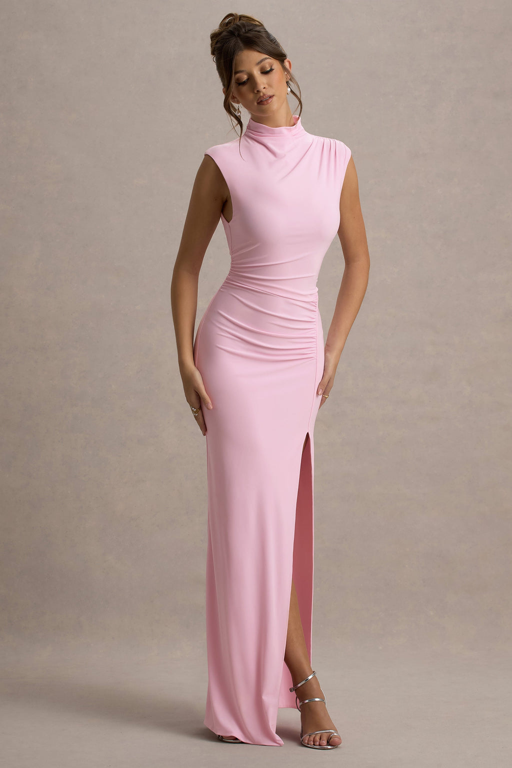 Lanetta | Pink Ruched High-Neck Maxi Dress With Split