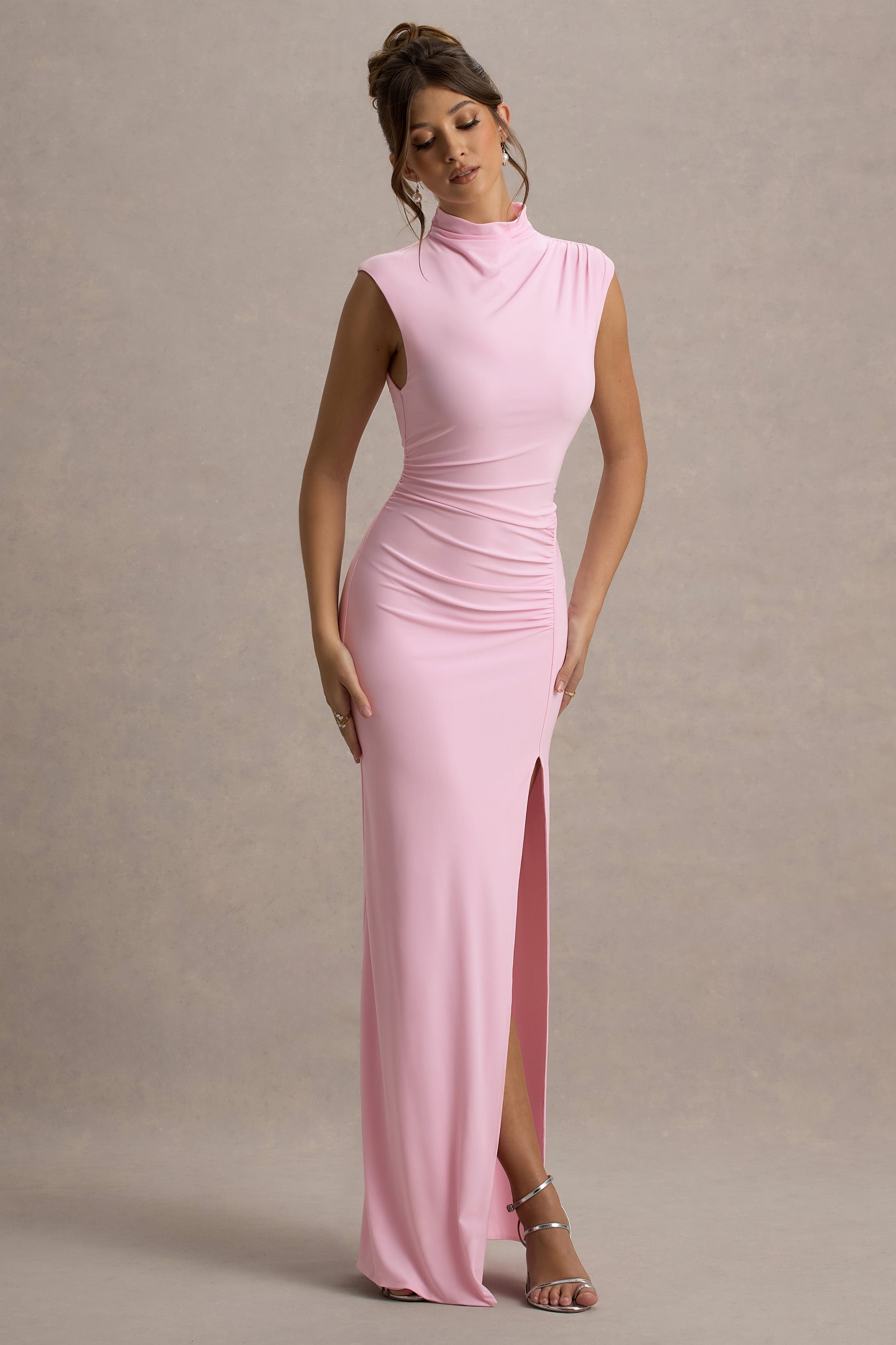 Lanetta | Pink Ruched High-Neck Maxi Dress With Split