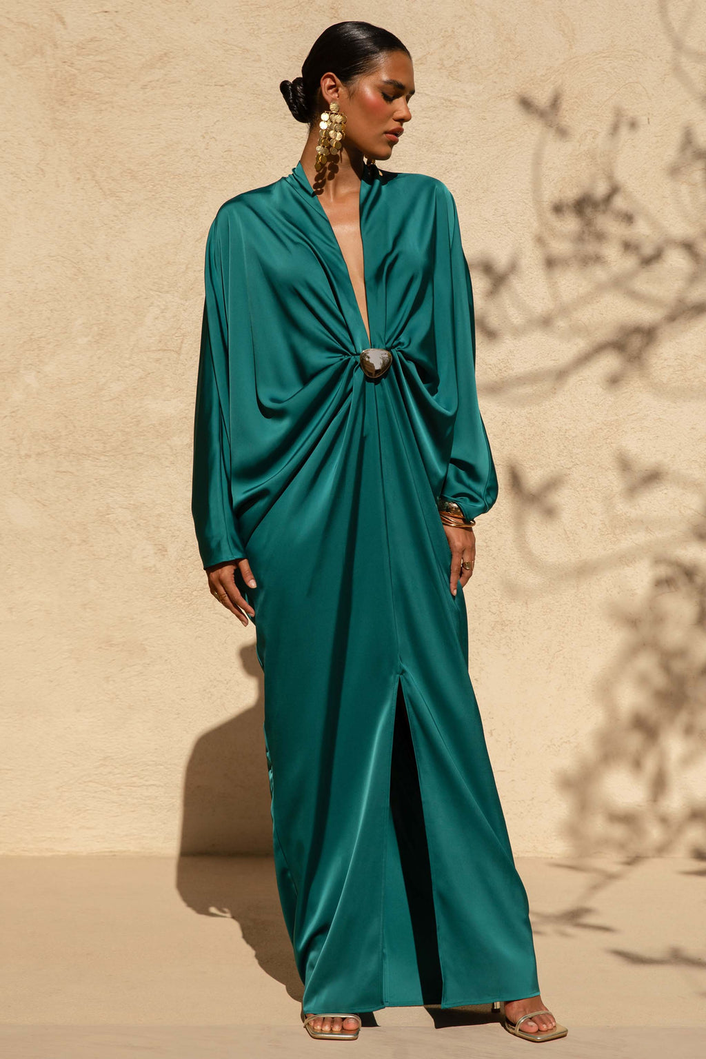 Tina | Dark Green Satin Plunge-Neck Embellished Maxi Dress