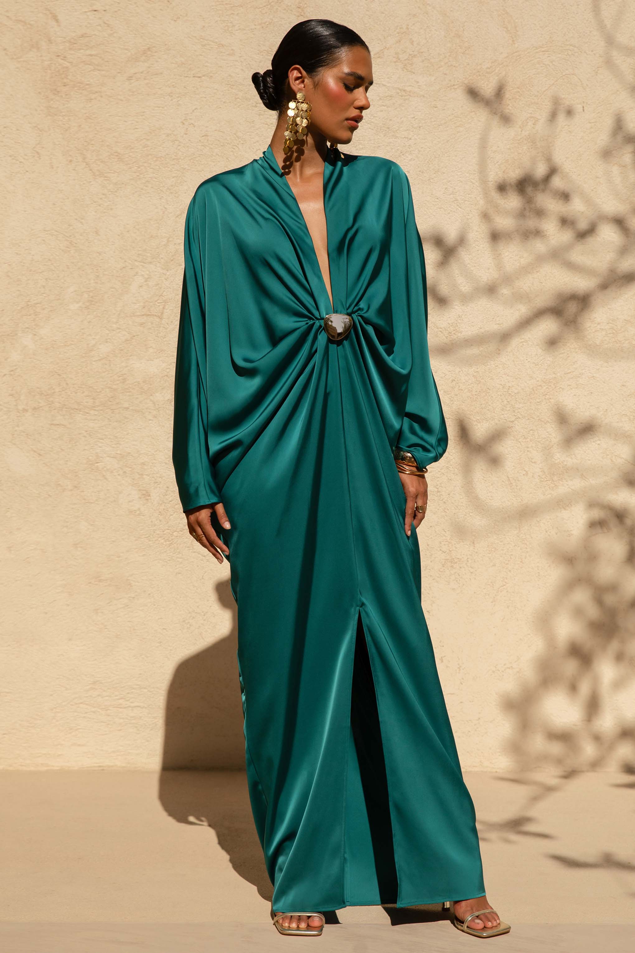 Tina | Dark Green Satin Plunge-Neck Embellished Maxi Dress