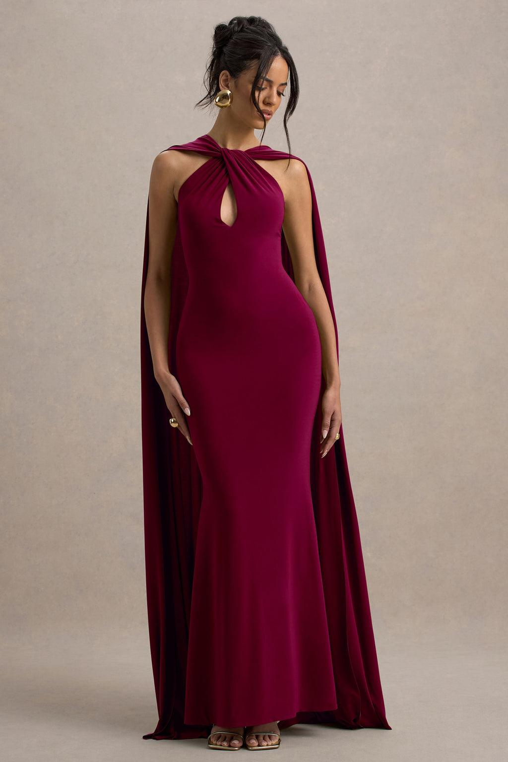 Rhoda | Burgundy Twist Halter-Neck Cape Maxi Dress
