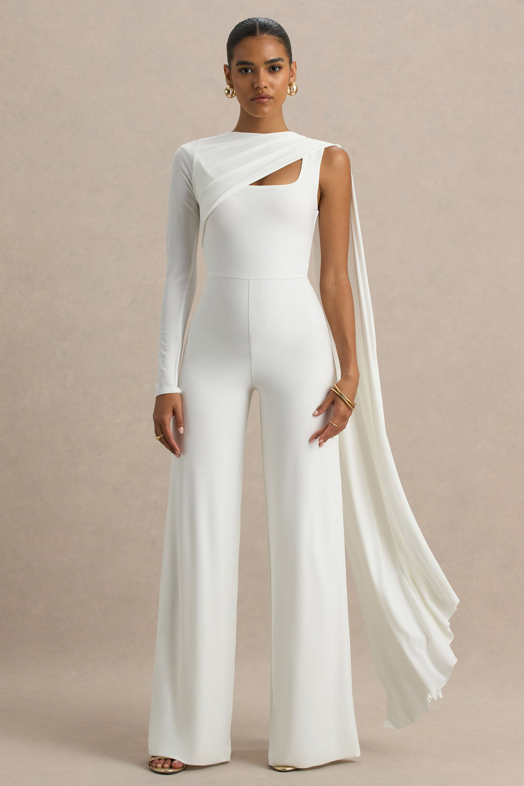 Graces | White High-Neck Jumpsuit With Cape Sleeve