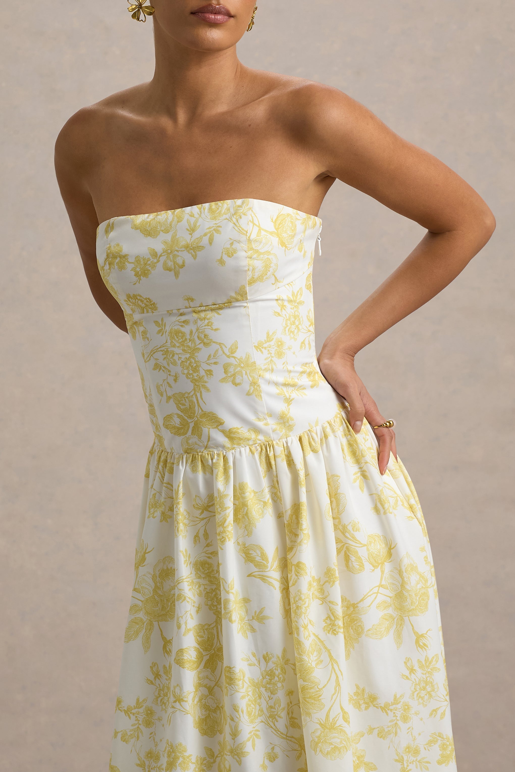 Bluebell | Lemon Porcelain Print Poplin Bandeau Drop-Waist Midi Dress