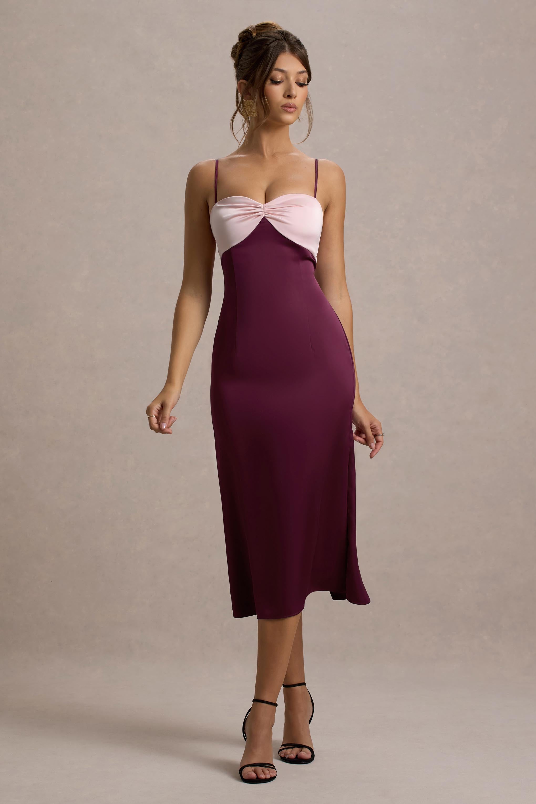 Andretti | Burgundy & Pink Satin Strappy Midi Dress