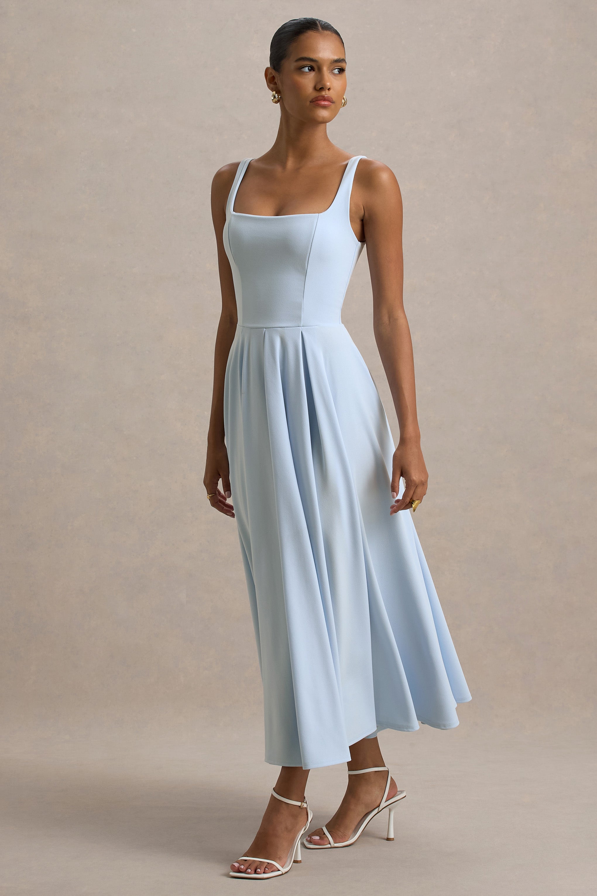 Parina | Powder Blue Strappy Volume-Hem Midi Dress
