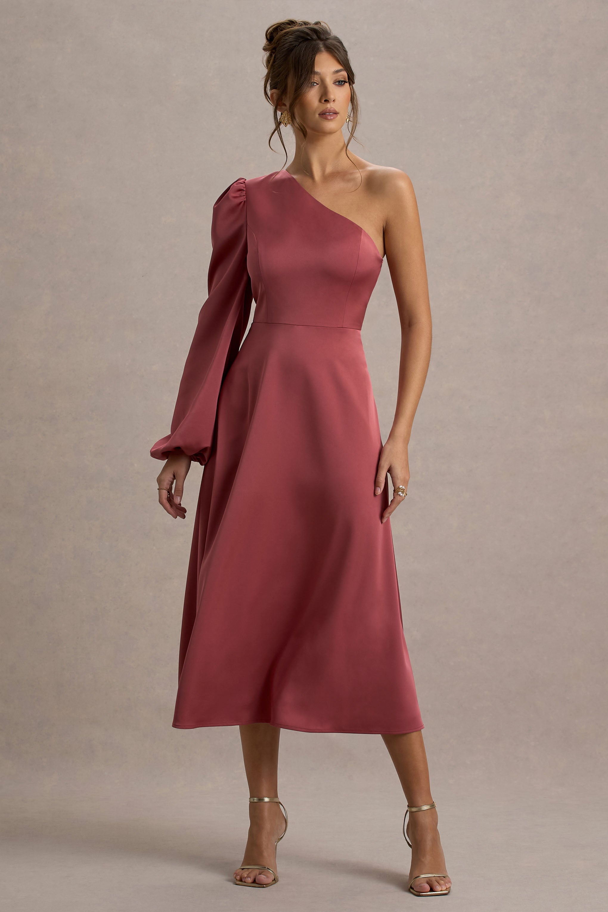 Haila | Rose Pink Satin One-Shoulder Midi Dress
