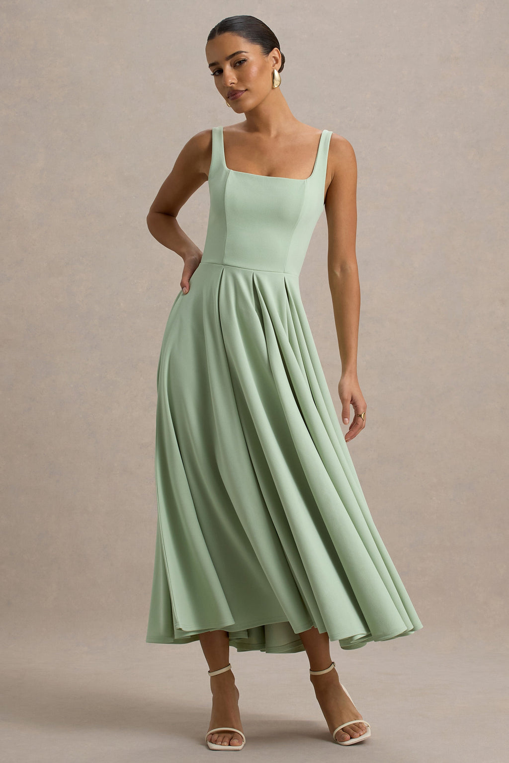 Parina | Light Green Strappy Volume-Hem Midi Dress