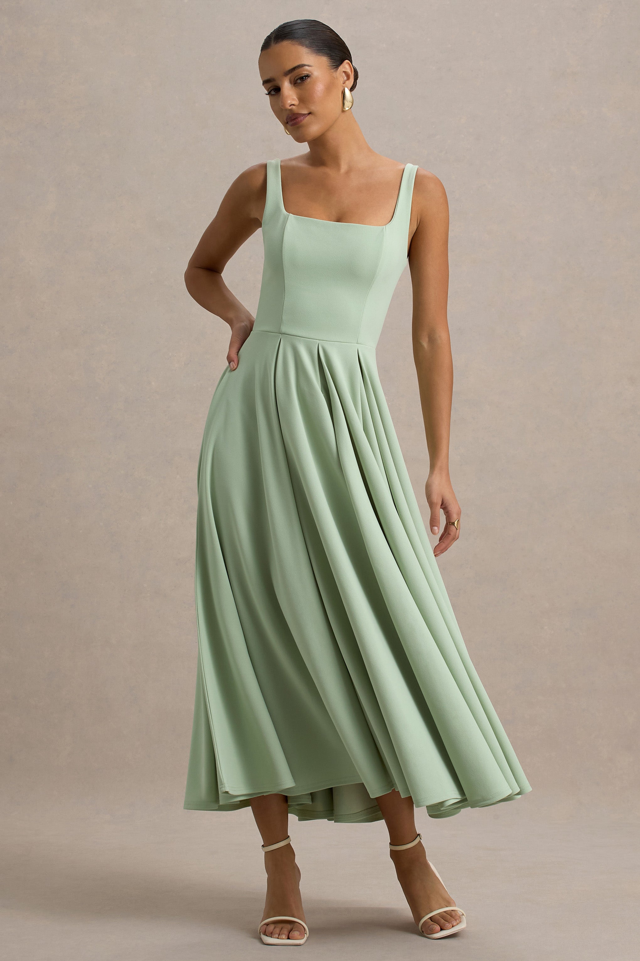 Parina | Light Green Strappy Volume-Hem Midi Dress
